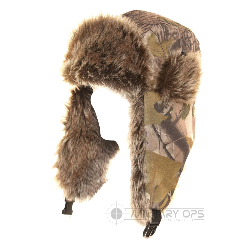 WOODLAND FOREST CAMO TRAPPER HAT WITH FAUX FUR TRIM HUNTER WARM