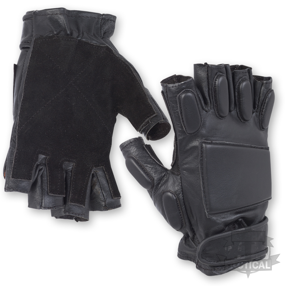 BLACK LEATHER PADDED TACTICAL FINGERLESS MILITARY GLOVES KNUCKLE ARMY